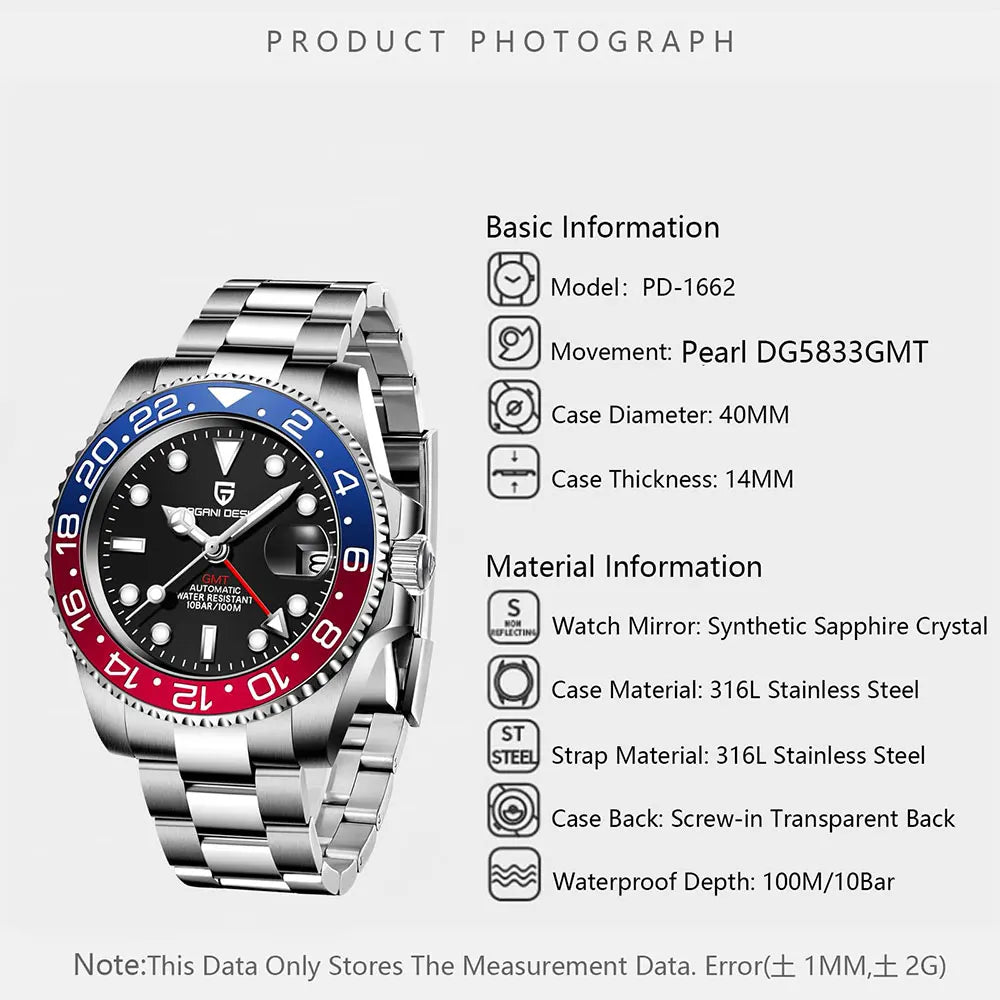 New PD-1662 PAGANI DESIGN GMT Automatic Wristwatch Stainless Steel 100M Waterproof Men Watch Top Brand 40mm Mechanical Watch Men