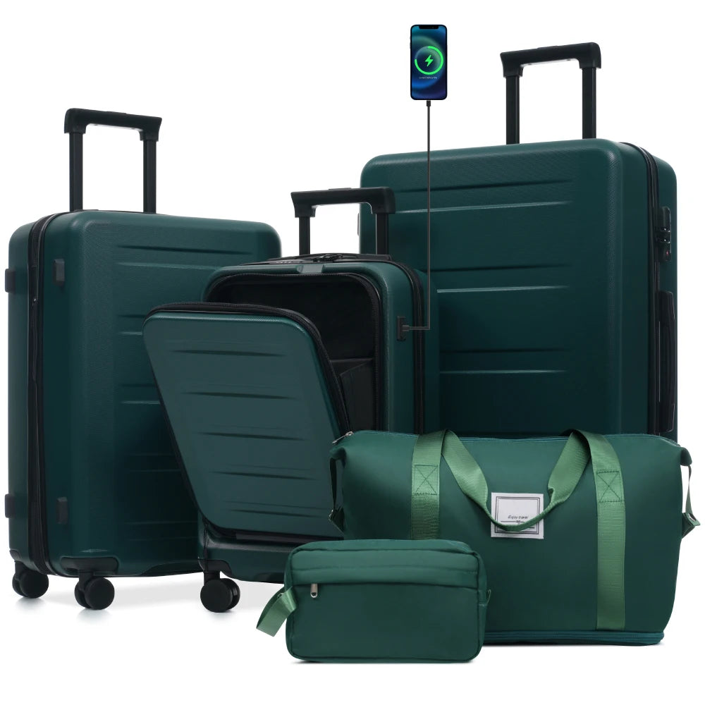 5Pcs Front Opening Hardside Expandable Luggage Set Double Spinner Wheels USB Port TSA Lock 20/24/28"