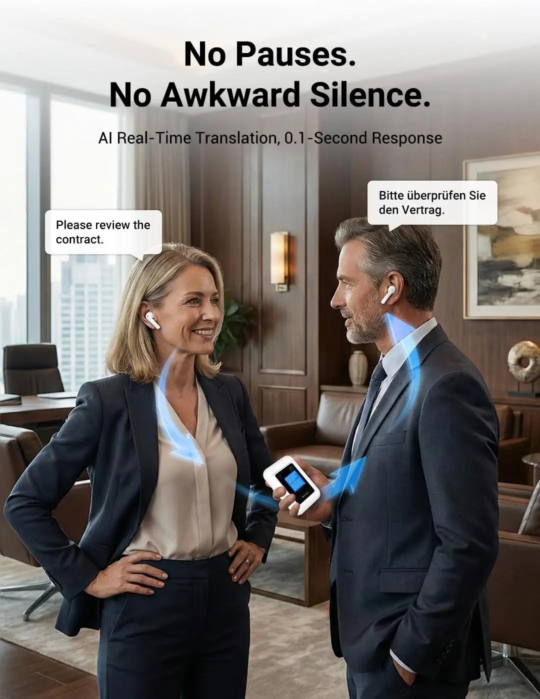 AI Translation Earbuds Real-Time in 144 Languages, Offline Device for Business Conferences, No App Needed (White)