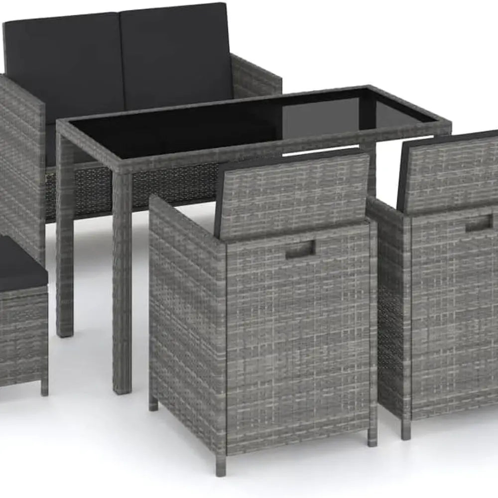 6-Piece Outdoor Dining Set with Mixed Grey Chairs Stool Bench and Table, Waterproof Cushions and Steel Frame for Balcony Sunroom