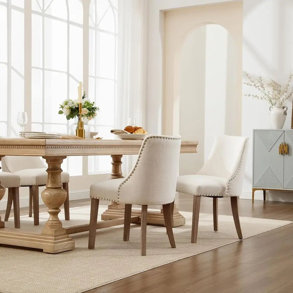 Upholstered Side Chairs Set of 2 with Nailhead Trim and Wooden Legs for Dining or Living Room, Cream