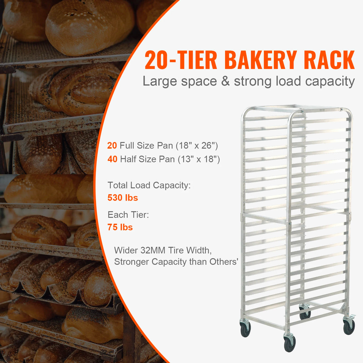 SucceBuy 20-Tier Sheet Bun Pan Rack Commercial Bakery Rack with Wheels Aluminum Racking Trolley for Kitchen Restaurant Cafeteria