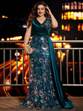 Plus Size Women's Embroidered Sequin Floral Evening Gown With V-Neck And Cap Sleeve