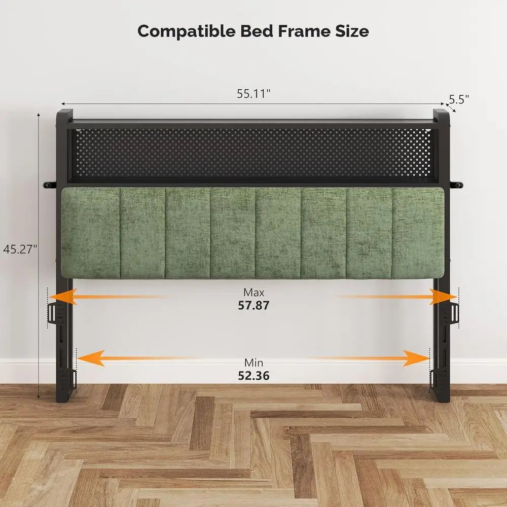 Green Full-Size Bed with Storage, Upholstered Headboard, Charging Stations, LED Lights, 2-Tier Shelves, and Pegboard, Height Adj