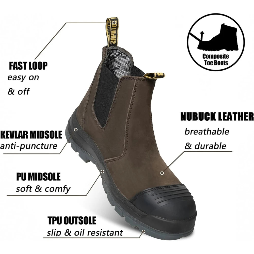 Men's Slip On Work Boots with Safety Toe, Slip Resistant Waterproof Puncture Proof for Construction Industrial