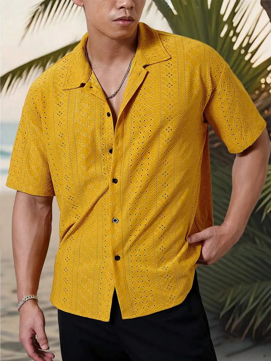 Men's Yellow Eyelet Lacework Short Sleeve Button-Down Casual Shirt