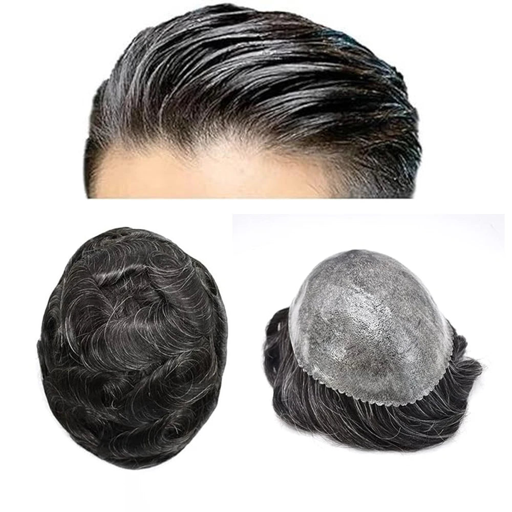 【TIMIA】Men's wig Thin Wig PU injection human hair piece system #1B10 Toupee Natural Wave Invisible Skin Men's Hairpiece