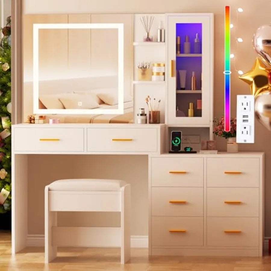 51.8" White Vanity Desk Mirror LED 3 Color RGB 8 Drawers Charging Station Stool Shelves Bedroom Makeup Table, Customized