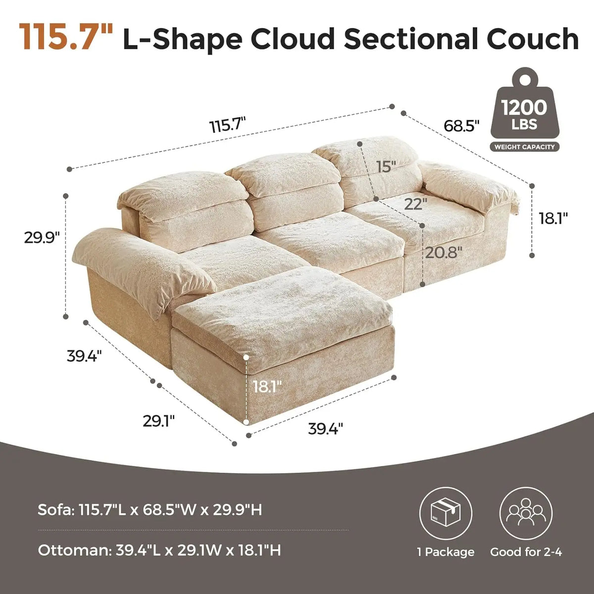Modular Sectional Sofa, 115" L-Shaped Cloud Couch with Deep Seat, Fluffy Upholstered Sofa with Chaise & Ottoman,, Customized