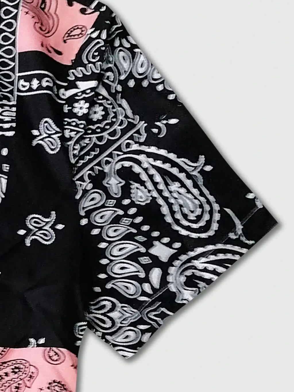 Men's Casual Short Sleeve Shirt with Black Pink Paisley Patchwork Print for Summer Vacation