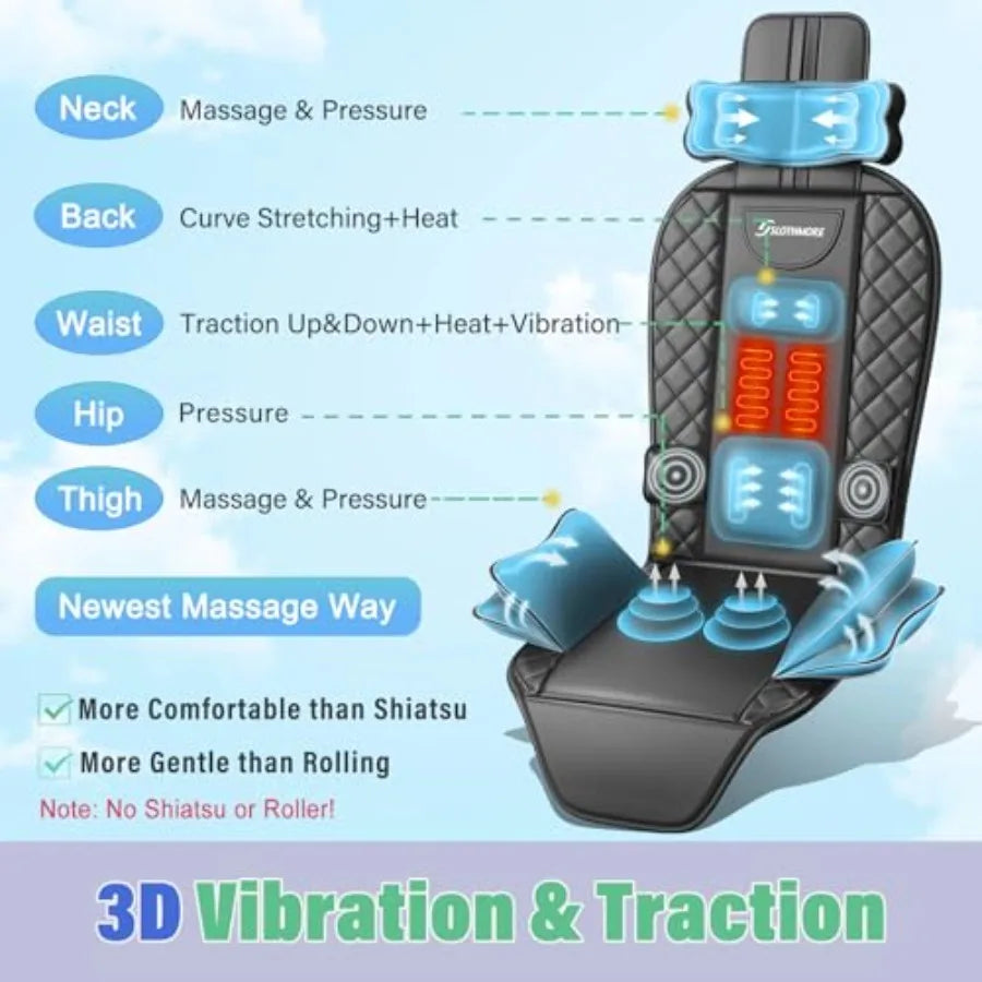 Back Massager with Heat Traction Vibration Seat Massager Pad for Pain Relief Deep Tissue Lumbar Traction PU Leather Foldable fo