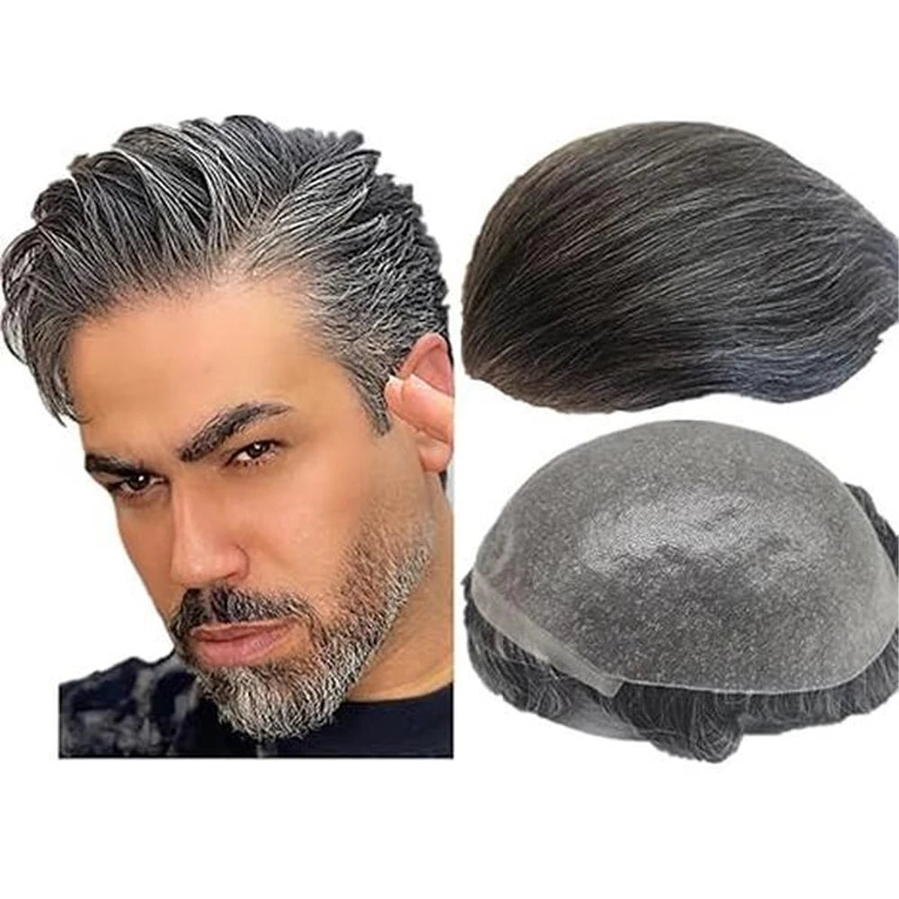 ISKIN PU #1B20 Human Hair Toupee Straight Full PU Toupee For Men Injection Human Hair Men's Wigs Durable Skin Male Hair 8*10inch