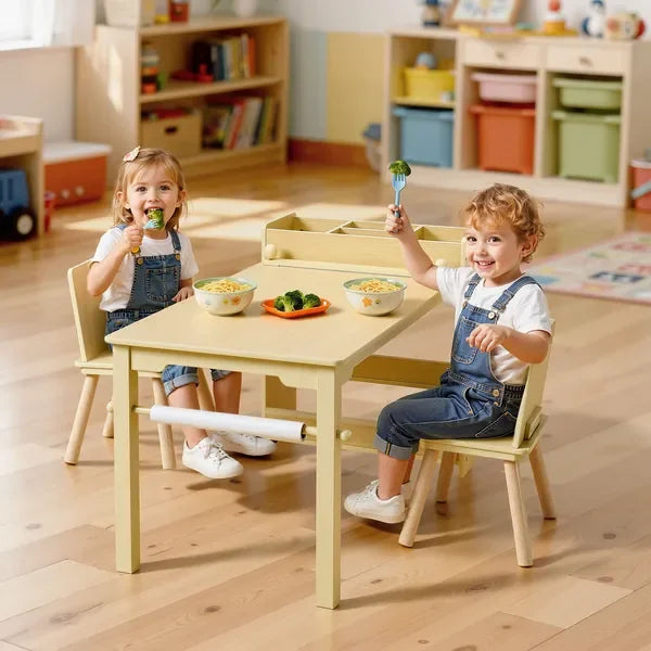 Kids Art Table and Chair Set, Toddler Craft Table with 3 Tiers Storage Cabinet, Wooden Kids Activity