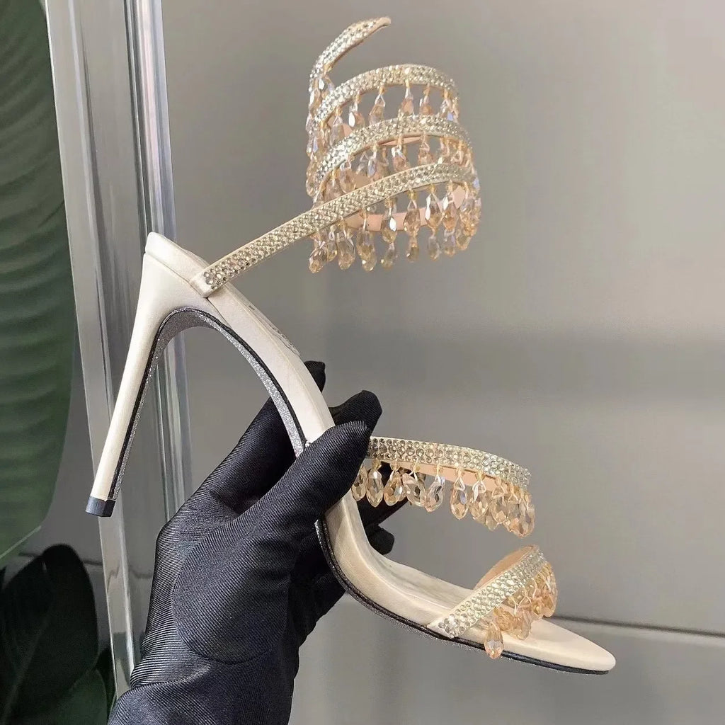 95mm Ankle strap Wraparound women high heeled sandal rhinestone flower Evening shoes Large size 34-43 Bring box heels