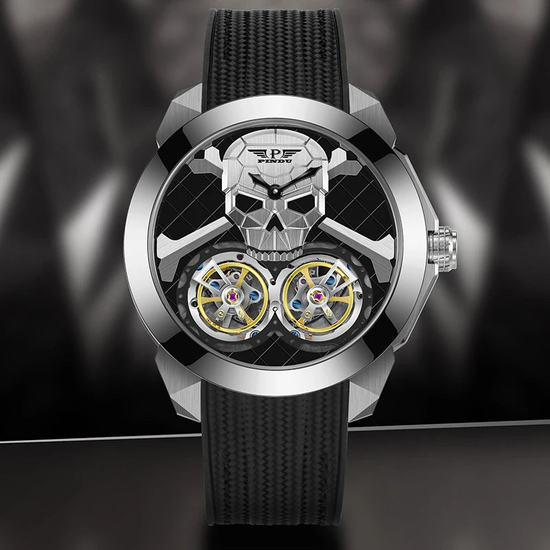 PINDU Punk Skull Double Flywheel Design Sapphire Man Watch Hollow Automatic Mechanical Waterproof Men's Automatic Wristwatch Men