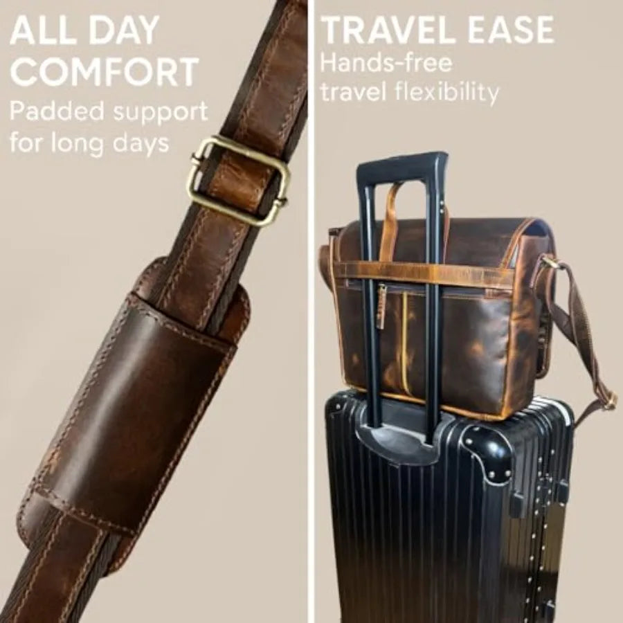 Leather Messenger Bag for Men 14" Leather Laptop Bag Vintage Crossbody Office Satchel Travel Shoulder Bag