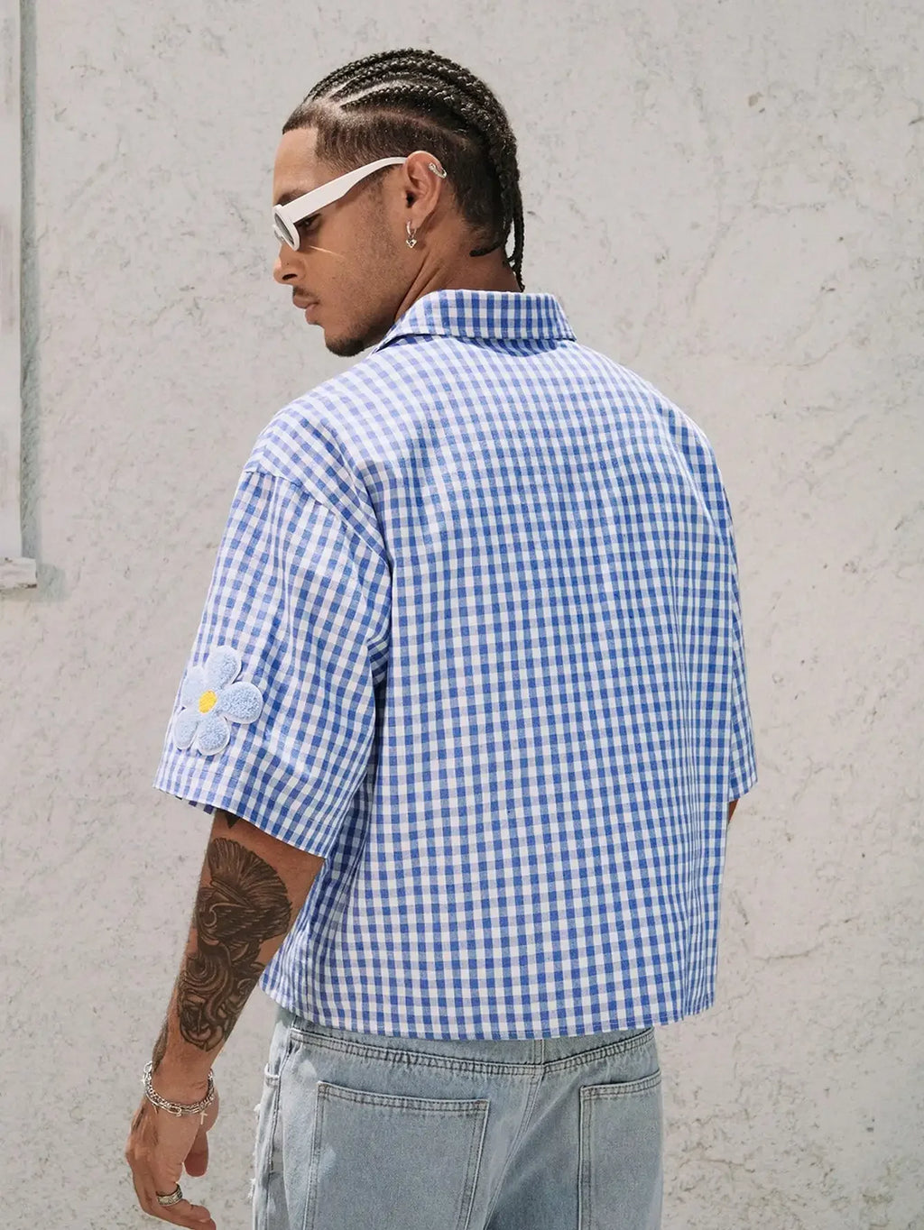 Men's Blue White Gingham Short Sleeve Shirt with 3D Floral Appliqué, Casual Summer Wear