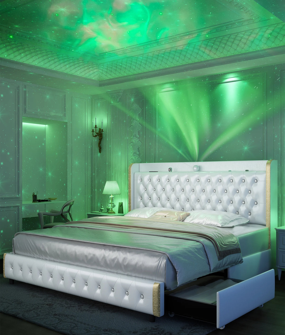 Queen Platform Bed Frame with LED Lights, Galaxy Projector, Wingback Headboard, 4 Storage Drawers, USB Ports, No Box Spring