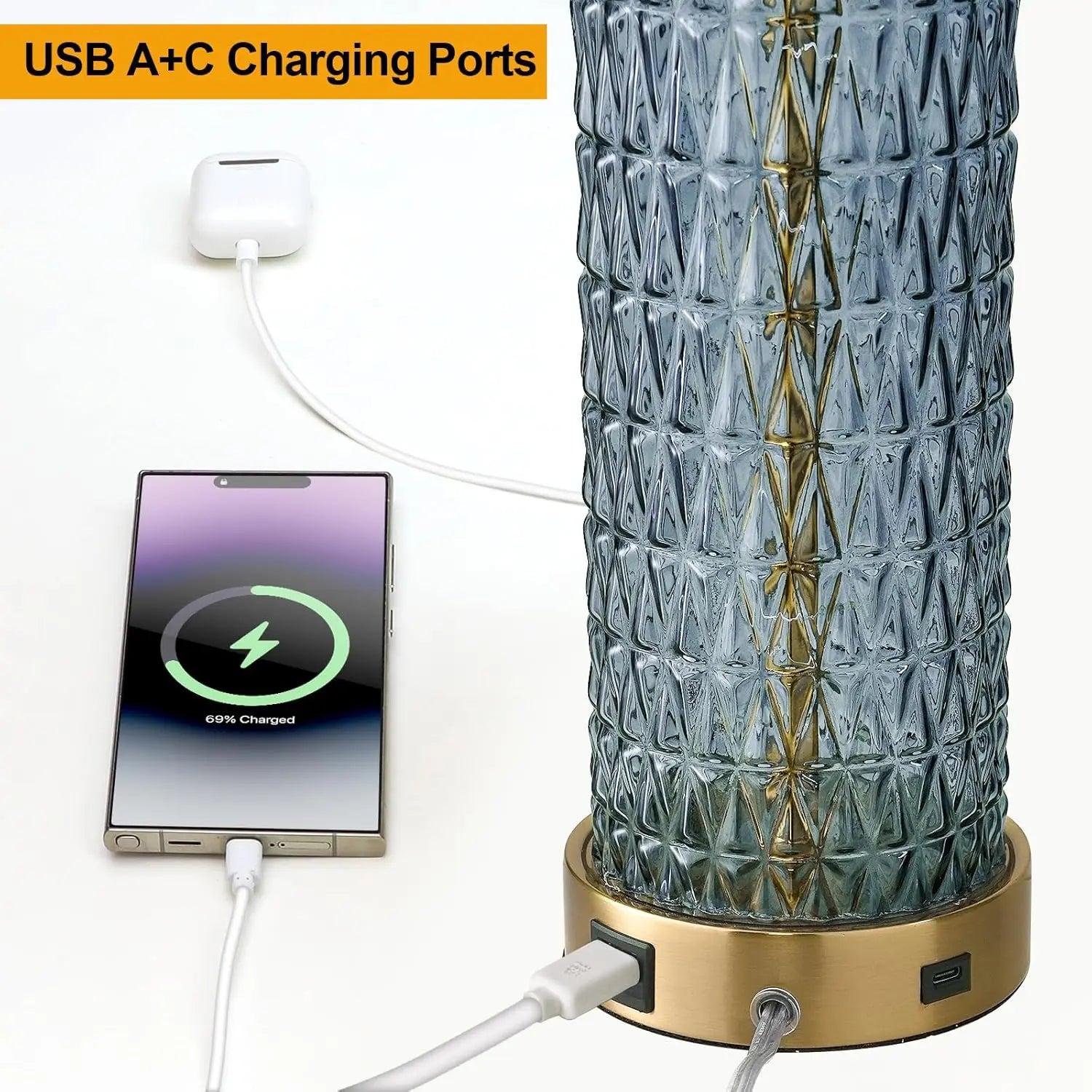 Set of 2 Blue Modern Table Lamps with LED Night Light, USB Ports for Living Room and Bedroom (Bulbs Included)