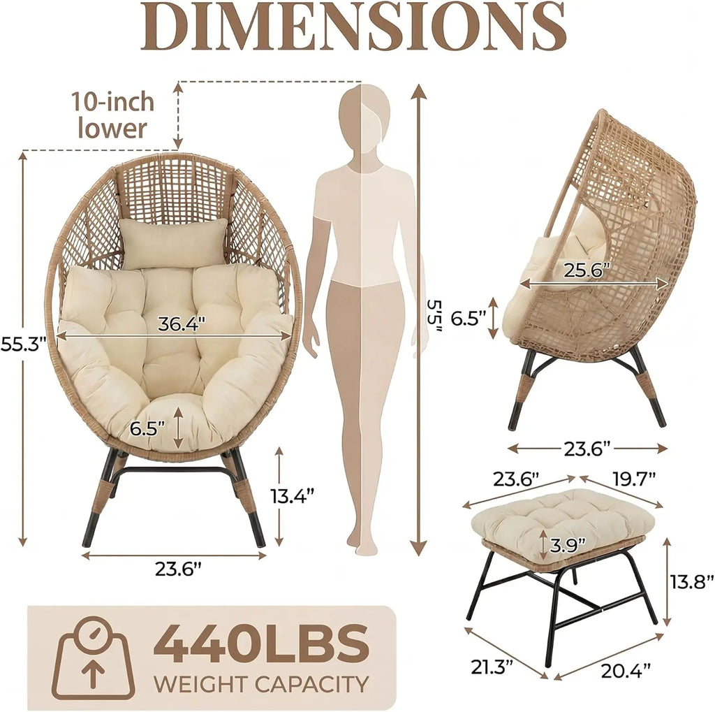 Wicker Egg Chair with Ottoman, Indoor Outdoor Egg Basket Lounge Chair w/Cushion, Oversized Egg Seat with Legs
