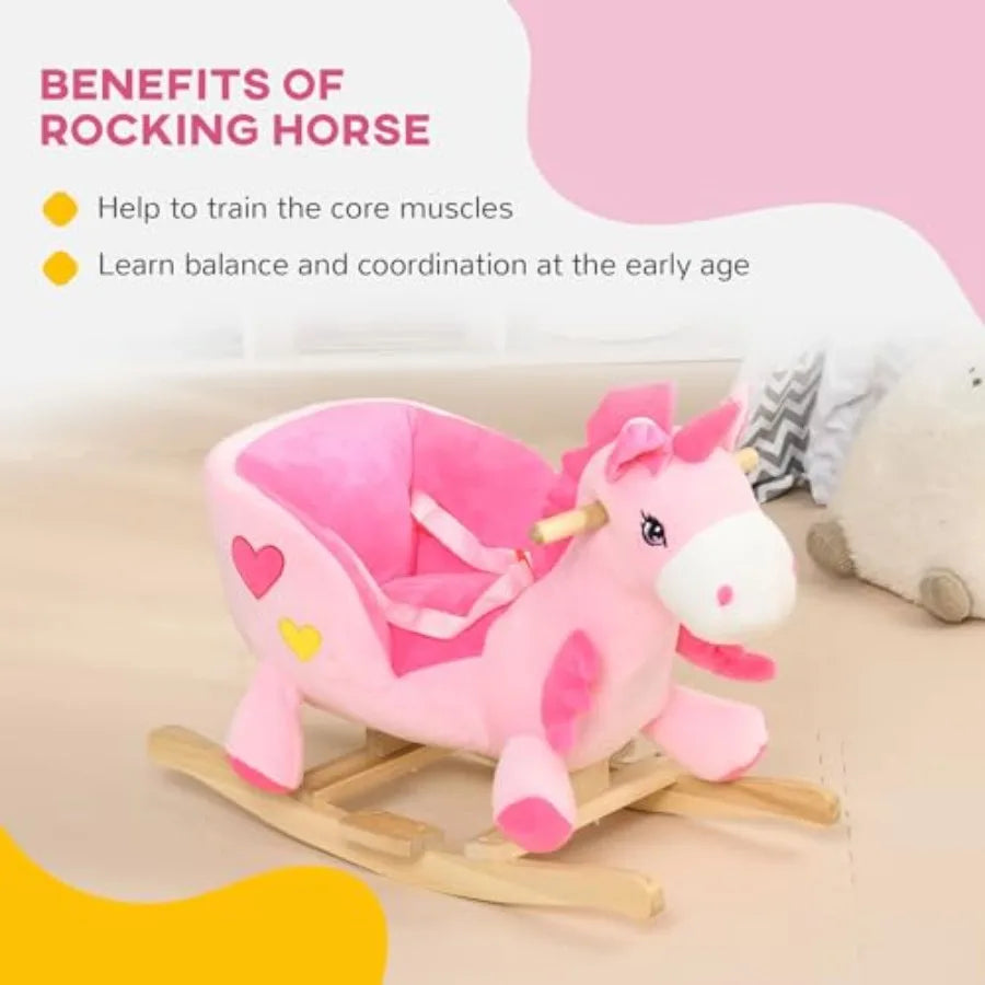 Baby Rocking Horse Ride on Unicorn with 32 Songs Toddler Rocker Toy with Wooden Base Seat Safety Belt for 1.5-3 Year Old Pink