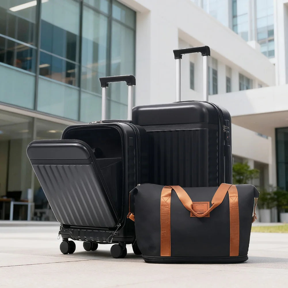 3PCS Front Opening Hardside Expandable Luggage Set Carry on Suitcase USB Port TSA Lock Spinner Wheels & Handle Bag