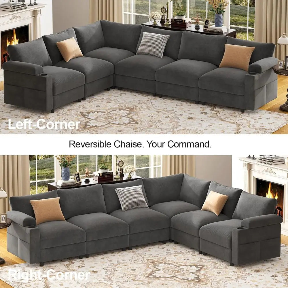 Velvet Grey V-Shaped 6-Seat Sectional Couch with Oversized Cloud-Shaped Sleeper Sofa and Detachable Chaise
