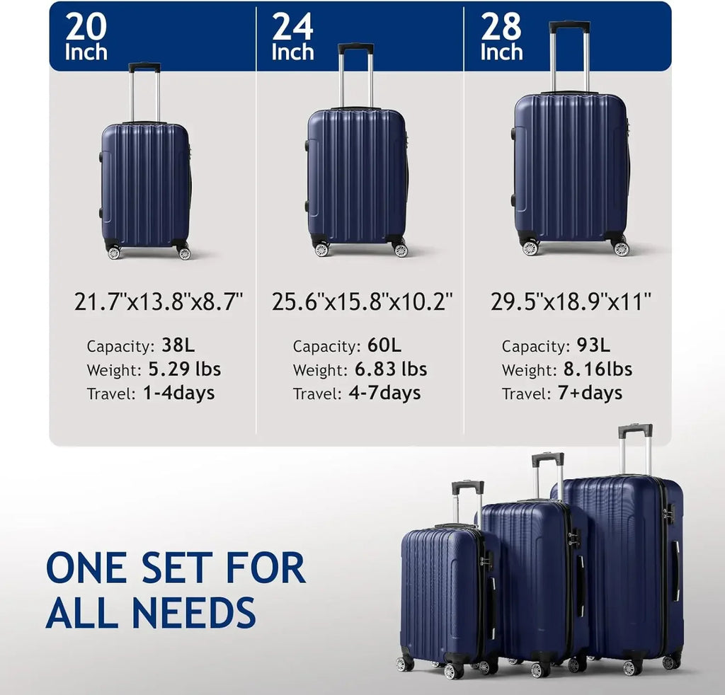 Set of 3 Hardside Carry on Suitcase Sets with Spinner Wheels & TSA lock, Portable Lightweight ABS Luggages for Travel, Business