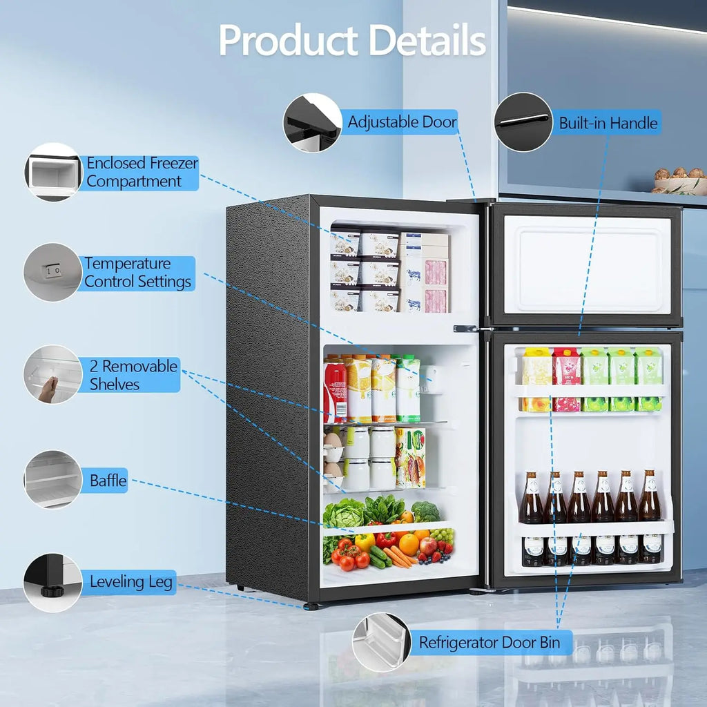 2.5 Cu.Ft Mini Fridge with Freezer, Double-Door Compact Refrigerator for Apartment/Dorm/Office, Silver