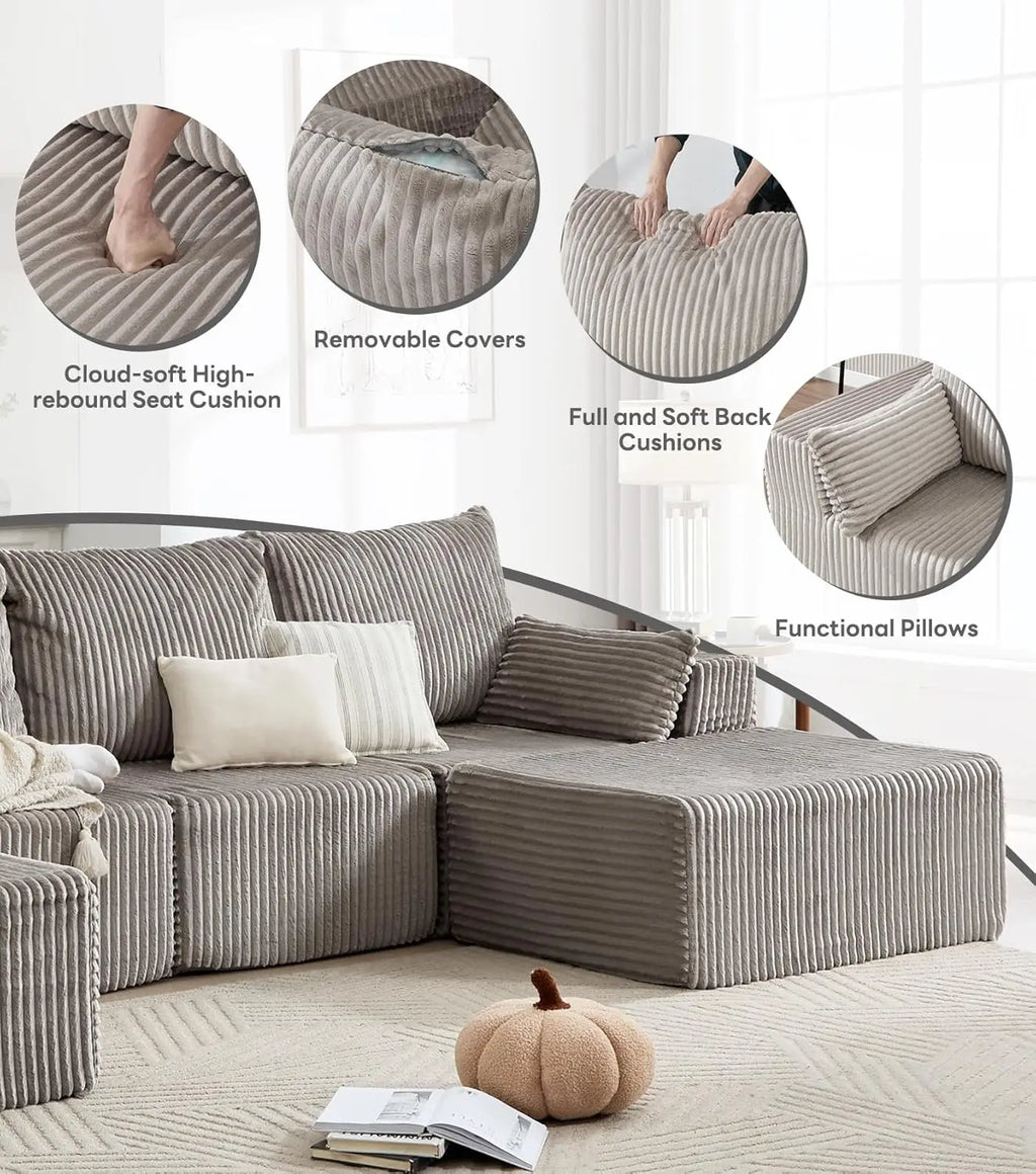 Modular Sectional Cloud Sofa Comfy Boneless Angled Armrest Wide Deep Seat Living Room Grey High Density Oversized, Customized