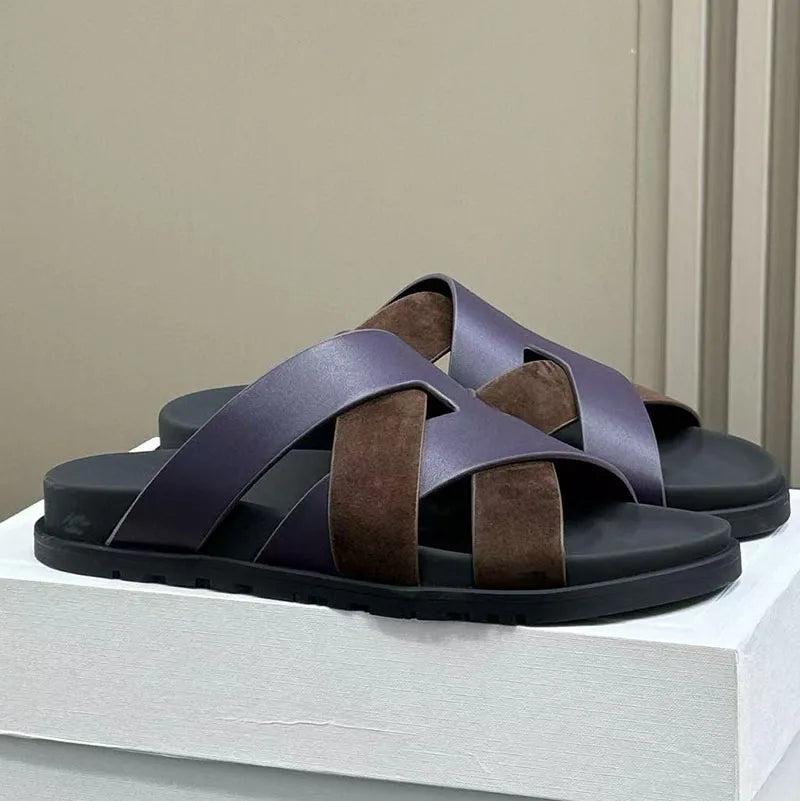 2026 Spring and summer braided calfskin functional sandals, suede color-block slippers, couple's vacation beach slippers