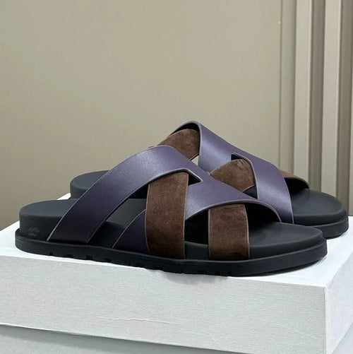 2026 Spring and summer braided calfskin functional sandals, suede color-block slippers, couple's vacation beach slippers