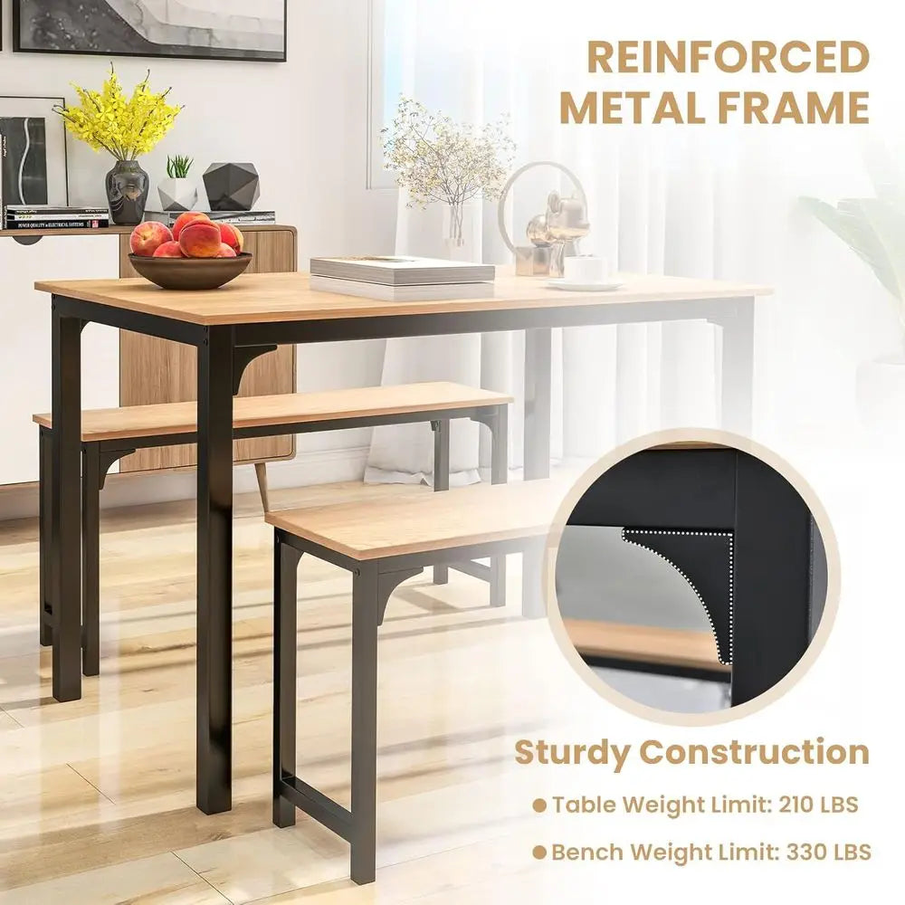 Solid Wood Counter Height Dining Table Set with 2 Benches, Natural