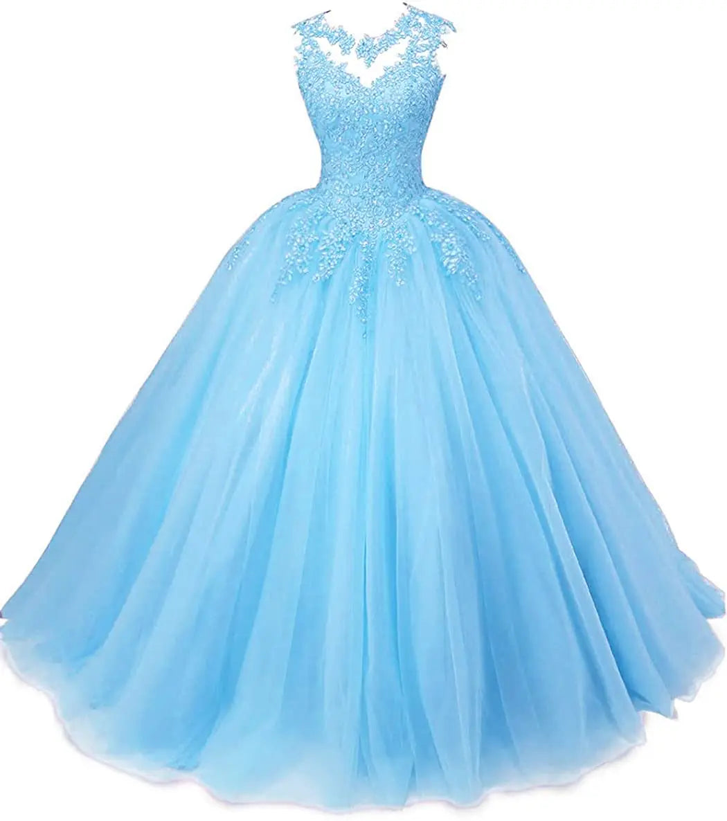 Women's Beaded Appliques Prom Dress Long Ball Gown Quinceanera Dresses Tulle Formal Sweet 16 Dress for Teens