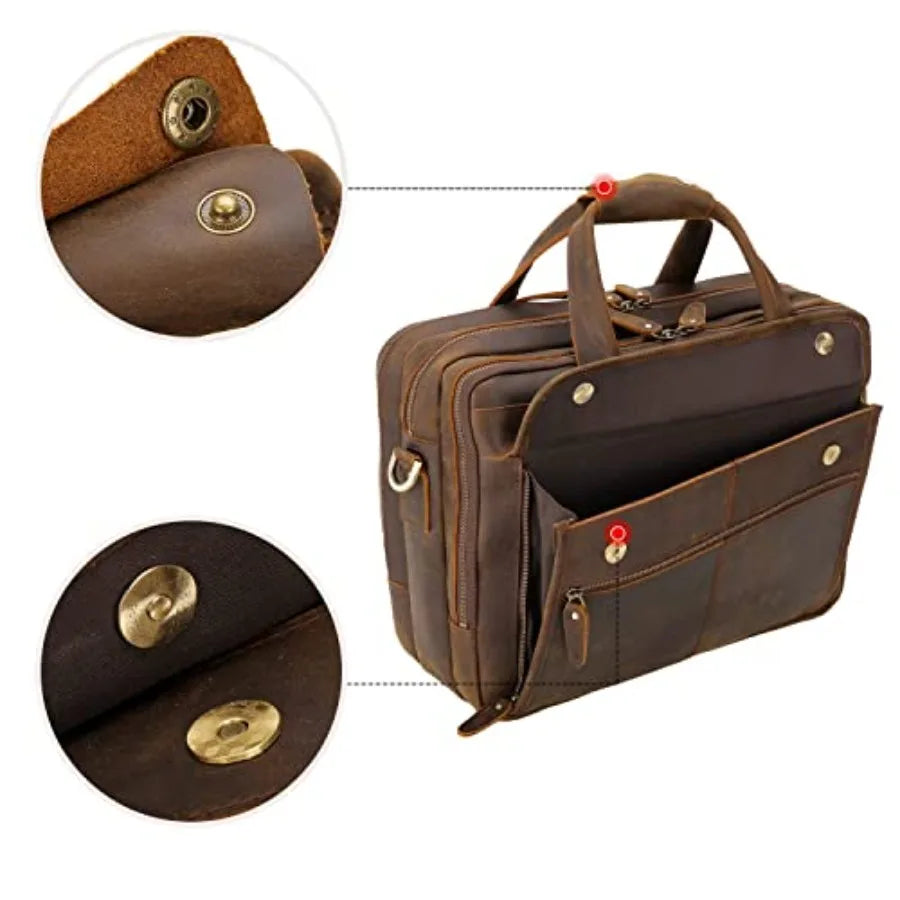 Modern Attache Style 15.7 Full Grain Italian Leather Laptop Briefcase for Men in Brown with Premium Craftsmanship and Spacious