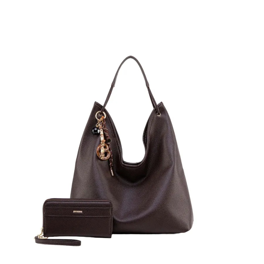 MKF Collection Eloa Hobo Bag with Wallet 2-piece Set in Black Vegan Leather with Gold Hardware for Everyday Use