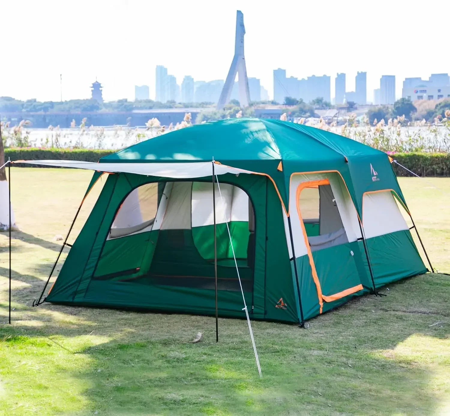 Extra Large Tent 6-10-12-14 Person(B),Family Cabin Tents,2 Rooms,3 Doors and 3 Windows with Mesh,Straight Wall,Waterproof,Double