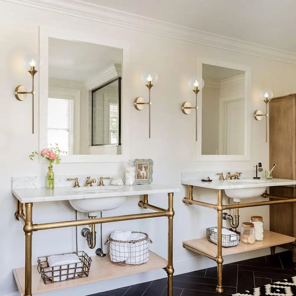 Modern Brass Gold Wall Sconce Set, 2-Piece Clear Bubble Glass Globe Lights, Mid-Century Style Bathroom Mirror Wall Lamp Set
