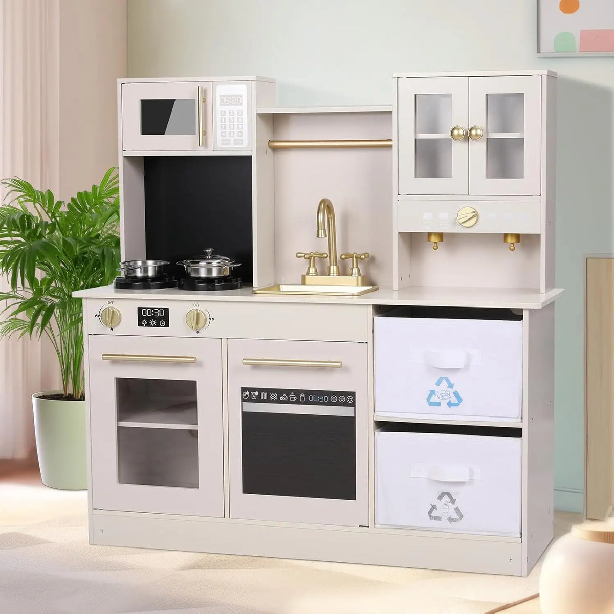 Kids Play Kitchen, Wooden Pretend Toy Kitchen, Toodler Cooking Playset, Stove w/Light & Sound, Sink, Microwave, 2 Fabric Boxs, D