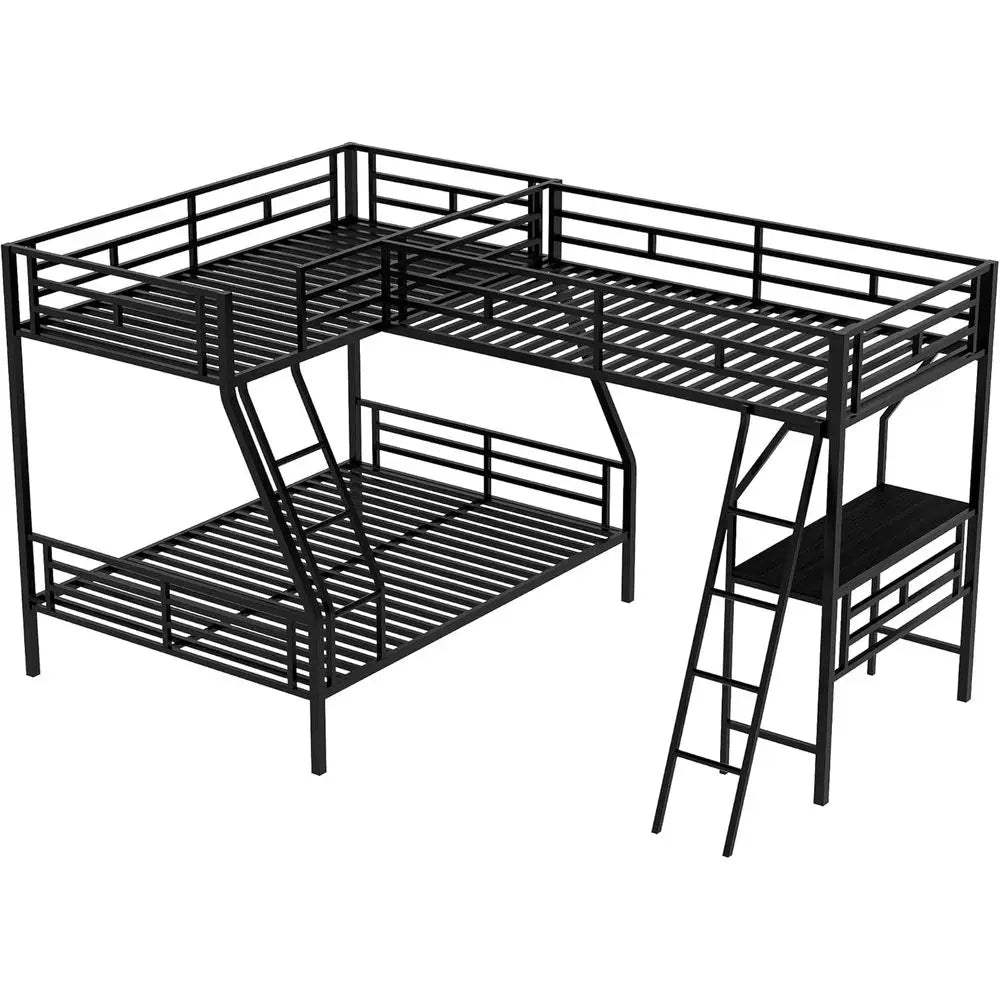 Black Triple Bunk Bed with Twin Over Full and Desk for Kids, Teens, Adults