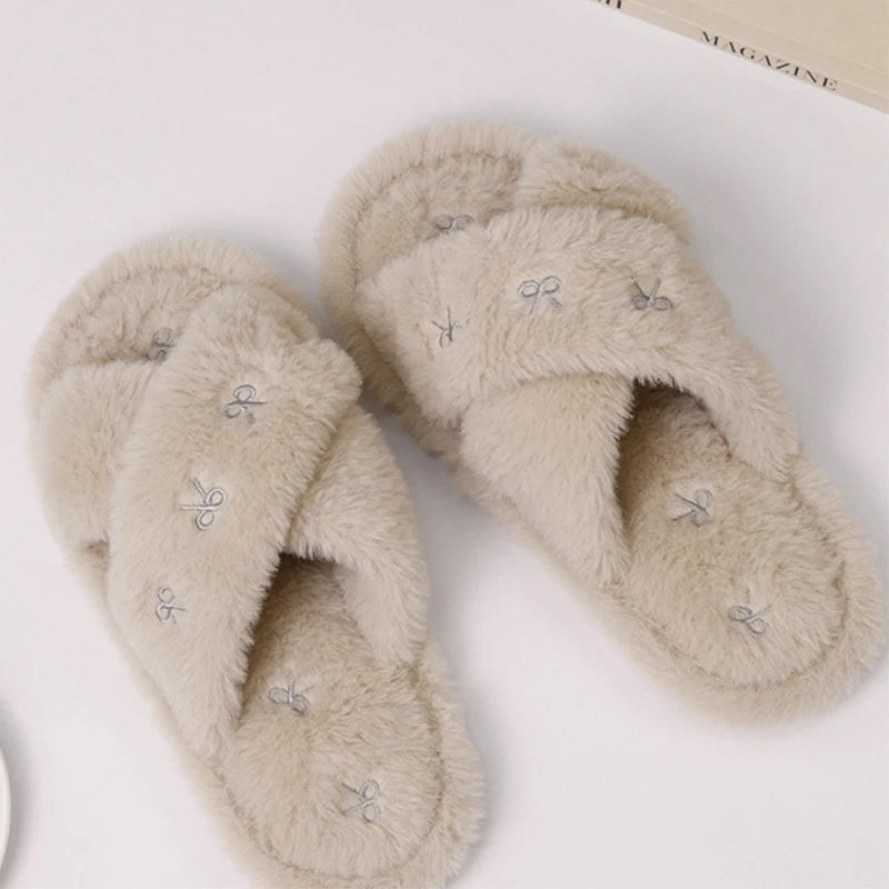 Bowknot Embroidery Plush Slippers Women Fashion Cross Strap Indoor Cotton Slides Woman Flat Heel Home Furry Slippers Mujer