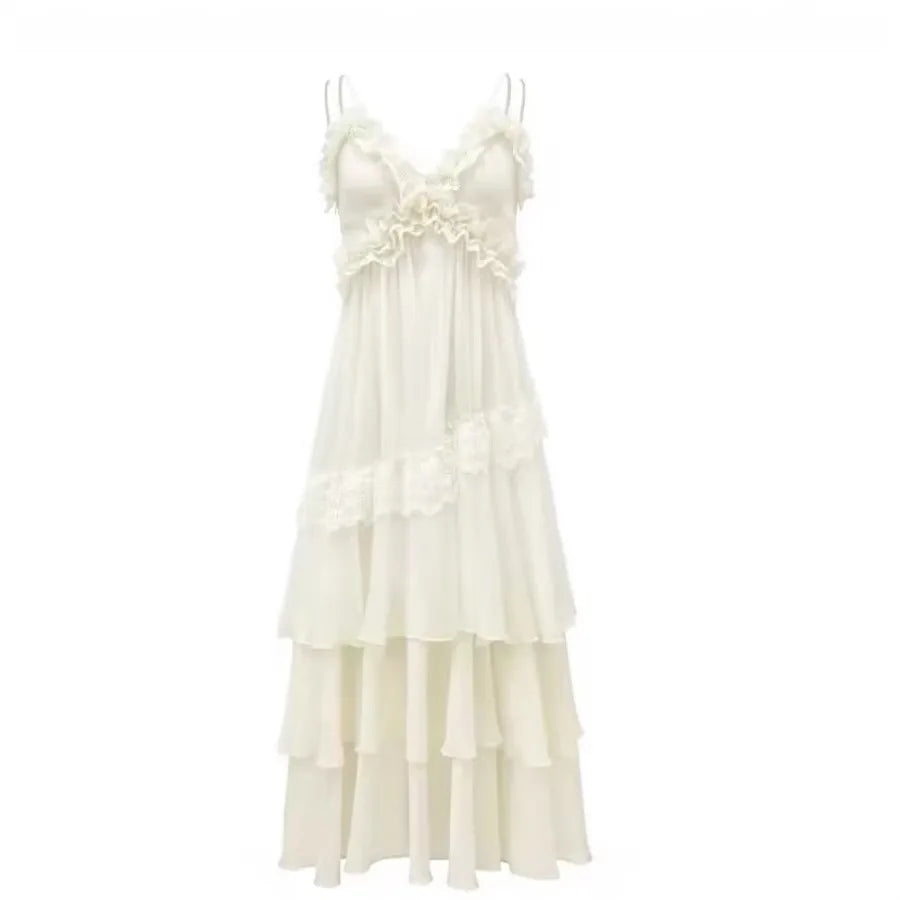 【New style】Seaside beach temperament dress suspender vacation dress beige sexy backless fairy summer mopping atmosphere