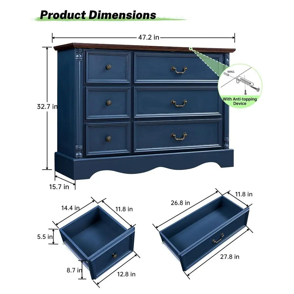 6 Drawers Dresser for Bedroom with Charging Station, Wood Country Rustic Storage Dressers Organizer, Vintage Design