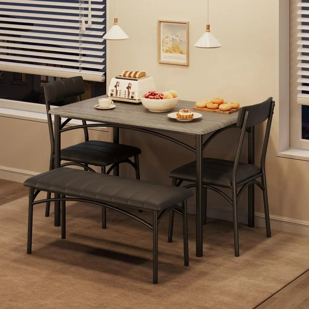 Dining Table Set for 4, Kitchen Table with Upholstered Bench and 2 Chairs, 4Piece Wooden Dining Table Set for Apartment, Dining
