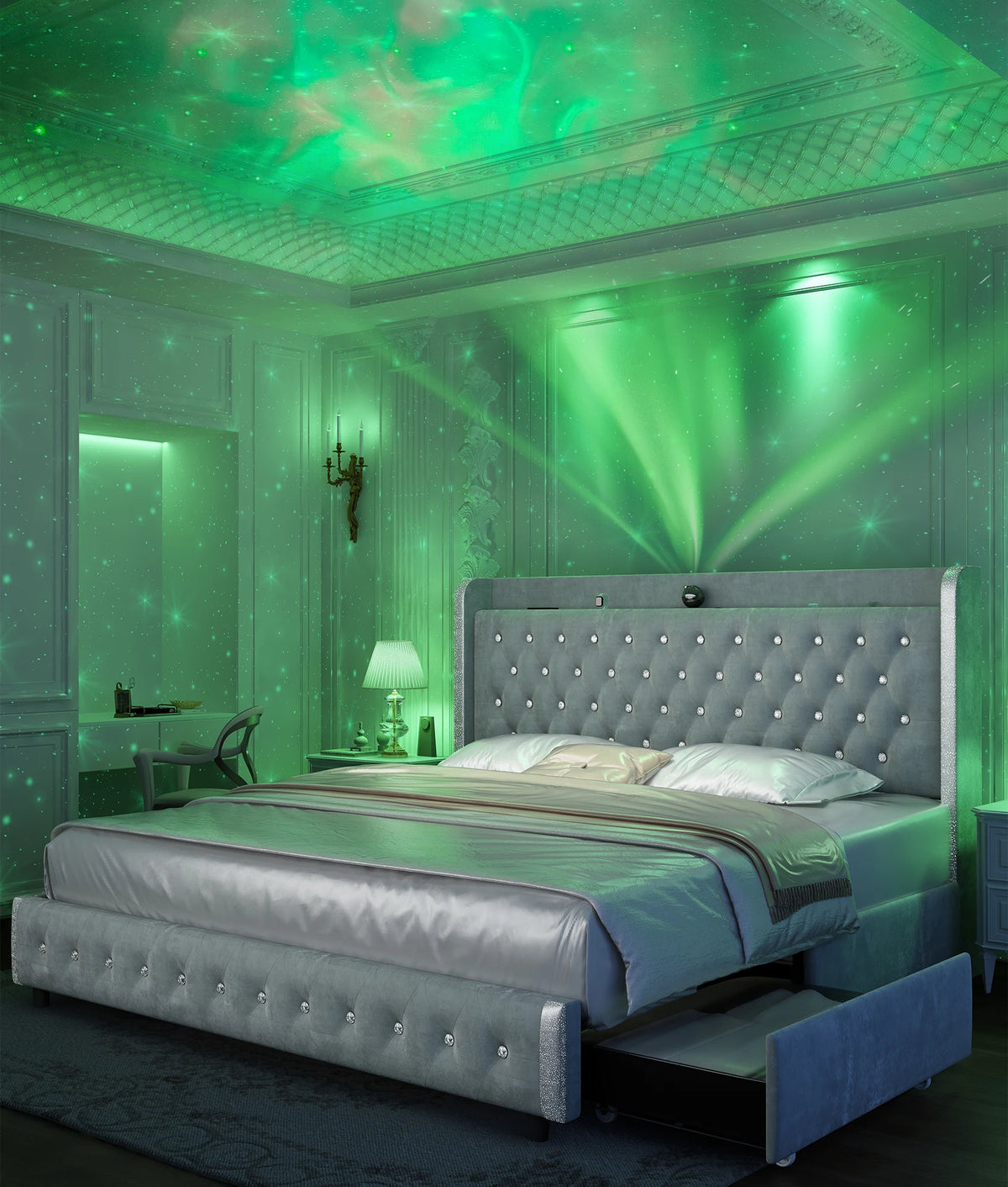 Queen Platform Bed Frame with LED Lights, Galaxy Projector, Wingback Headboard, 4 Storage Drawers, USB Ports, No Box Spring