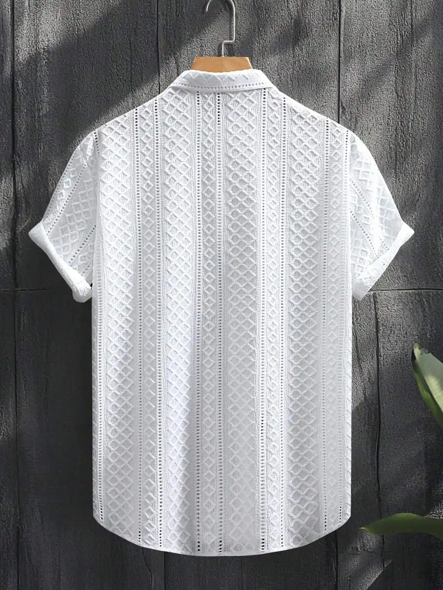 Men's Casual Short Sleeve Shirt with Textured Diamond Pattern, Lightweight Breathable Fabric for Summer Vacation