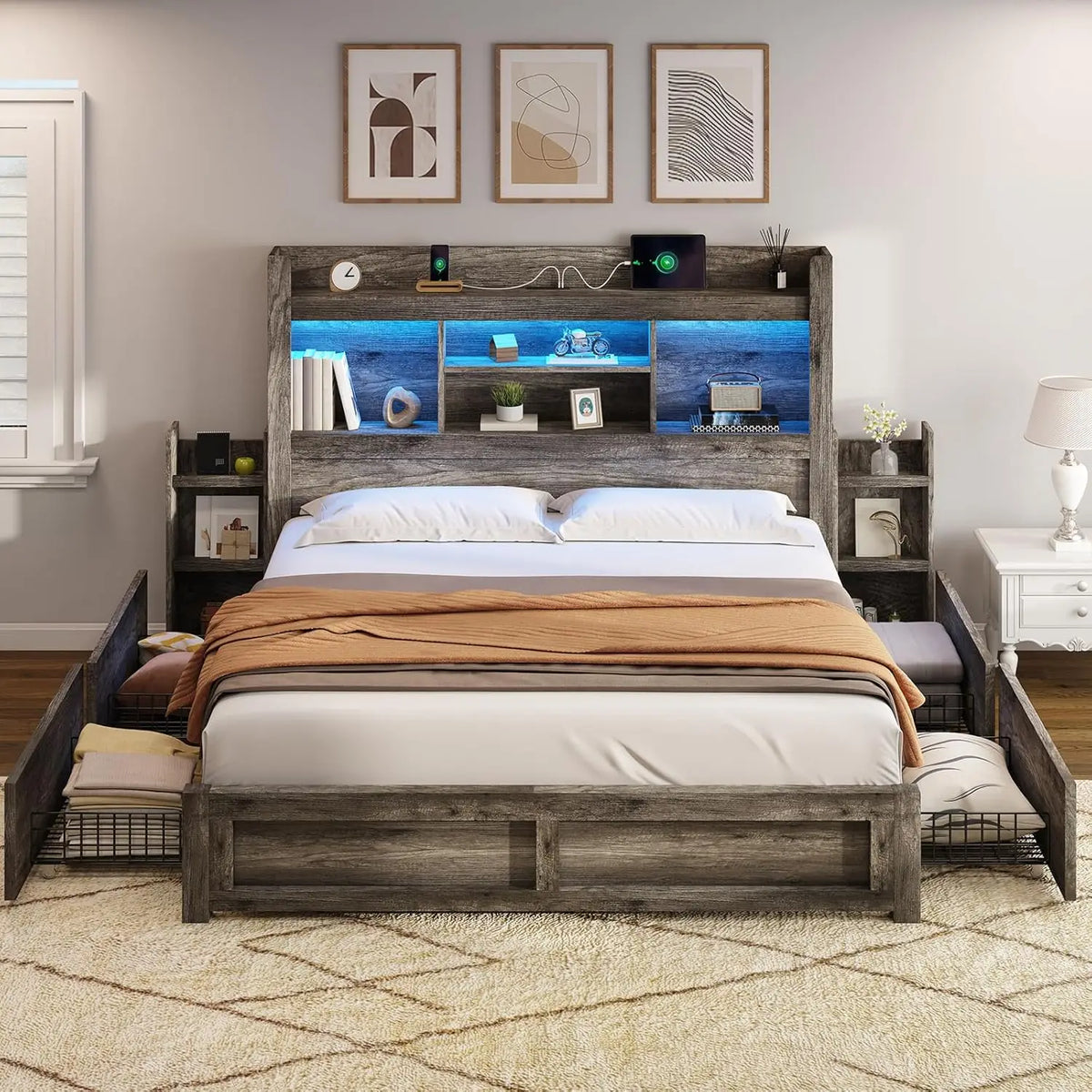 Queen Storage Bed Frame with LED Headboard Bookcase Charging Station 2 Slide Shelves No Box Spring Black, Customized