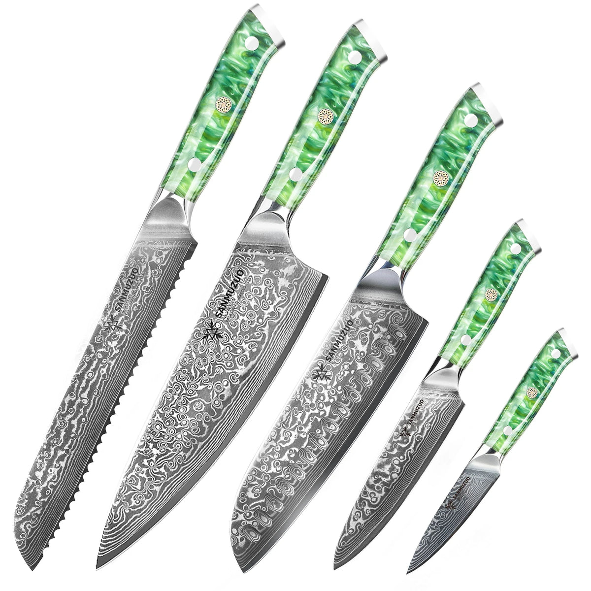 5PCS Kitchen Knife Set - Sharp Damascus Steel Knives with Resin Handle, Chef/Santoku/Bread/Paring/Utility Knife for Home Kitchen