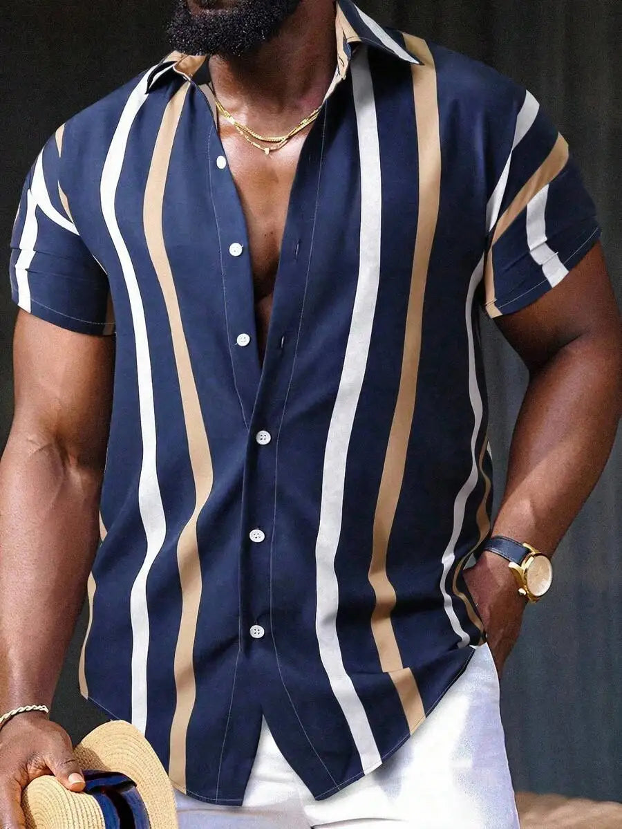 Men's Short Sleeve Button-Up Shirt with Vertical Stripe Print, Casual Vacation Style