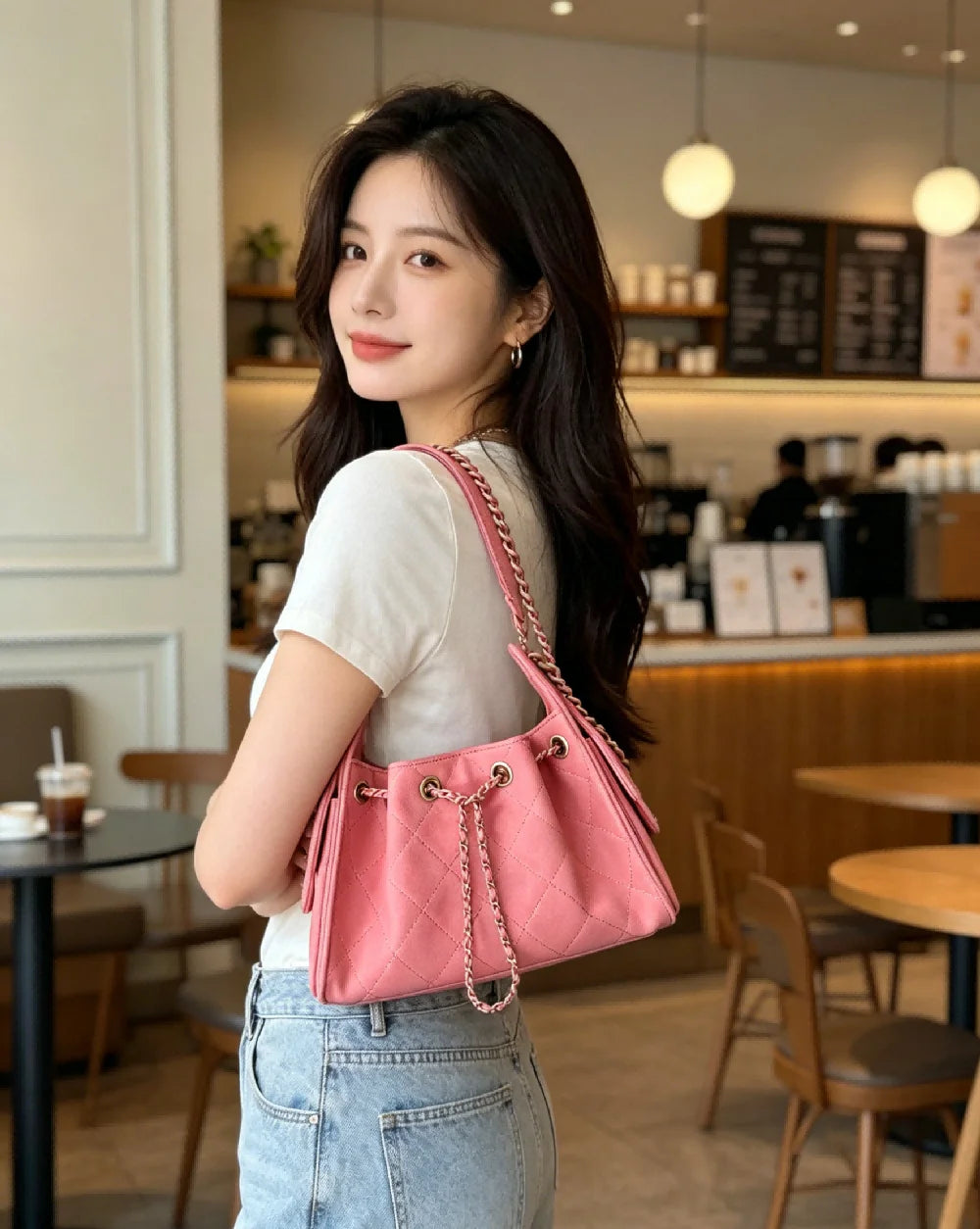 Sweet Pink Leather Drawstring Bucket Bag for Women Fashion Hobo Shoulder Bag with Chain Strap for Date and Daily Outing